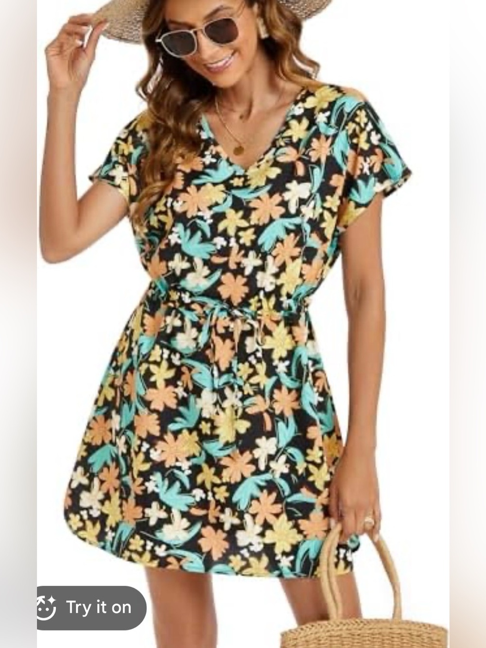 NWT Bluetome Floral V-Neck Tie-Waist Dress in Black with Coral & Teal Flowers